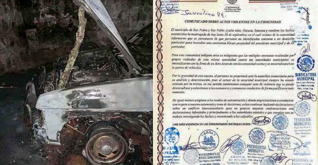 Atentan contra autoridades de Ayutla Mixe; incendio de carro podría ser por firmar acuerdo con Tamazulapam