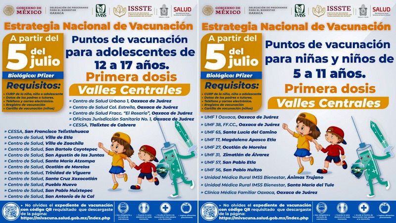 Próximo 5 de julio arranca la  vacunación para menores en Oaxaca