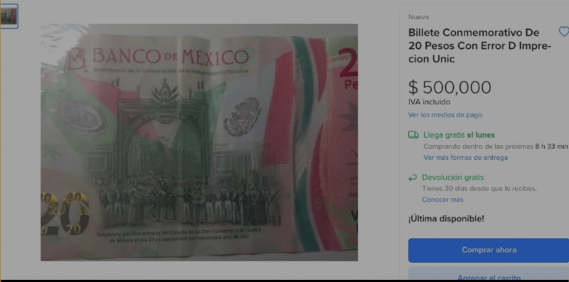 El billete de 20 pesos que se vende hasta en 500 mil pesos. FOTO: Mercado Libre