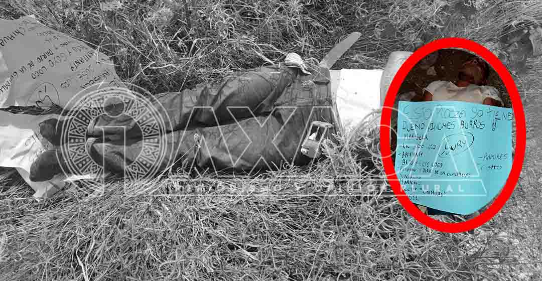 FOTOS: Identifican a sujeto maniatado y con narcomensaje en Miahuatlán, Oaxaca