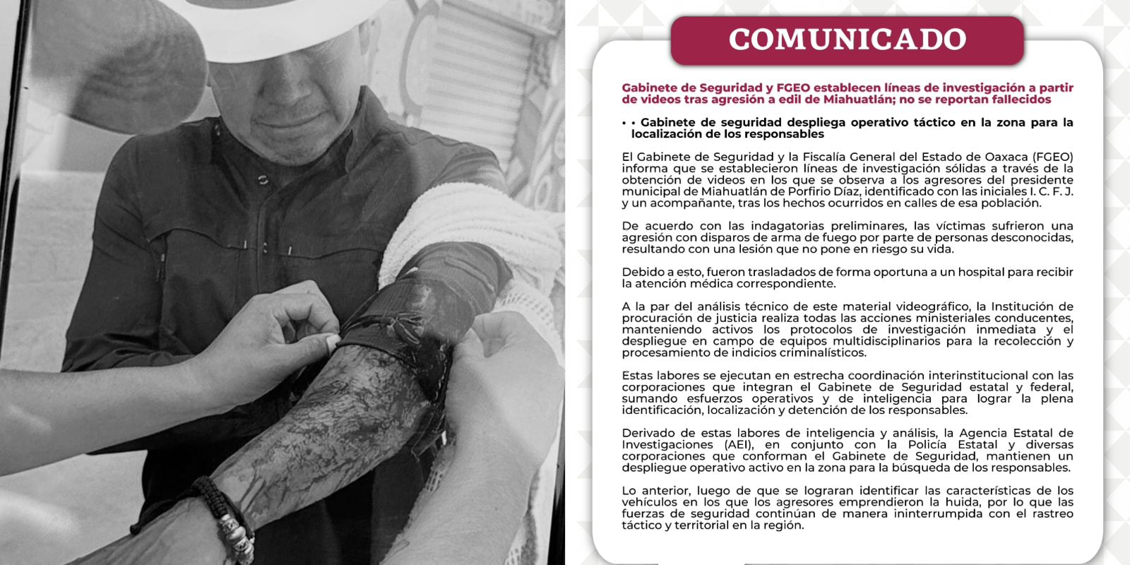Gabinete de Seguridad y FGEO investigan ataque armado a edil de Miahuatlán, Oaxaca Gabinete de Seguridad y FGEO investigan ataque armado a edil de Miahuatlán, Oaxaca
